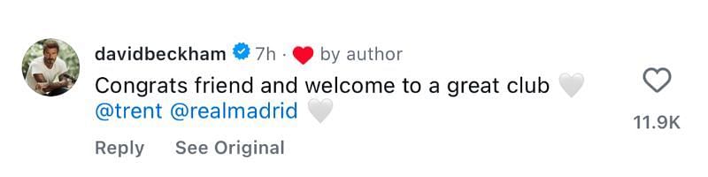David Beckham's comment on Trent Alexander-Arnold's Instagram post